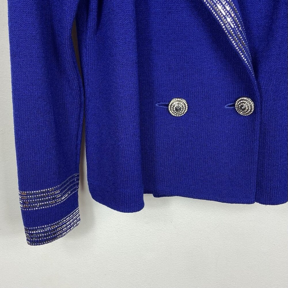 St. John Sz 14 Royal Blue Santana Knit Silver Paillette Rhinestone Blazer Jacket - Picture 4 of 9